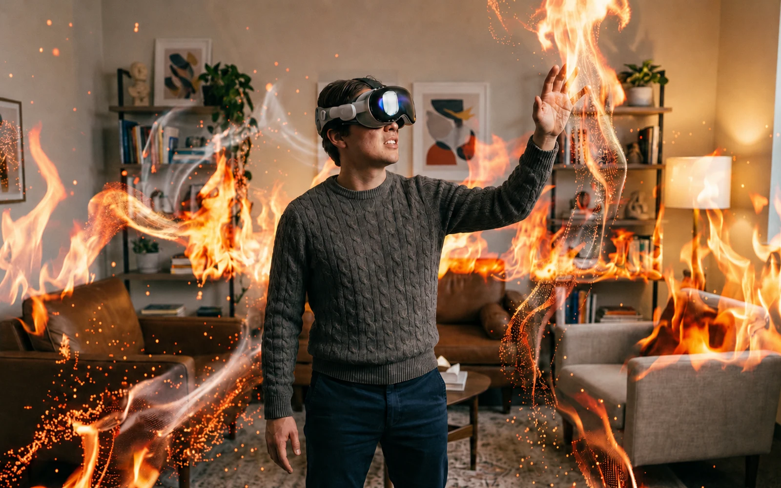 Person wearing a mixed-reality headset interacting with a virtual fire scenario in a living room