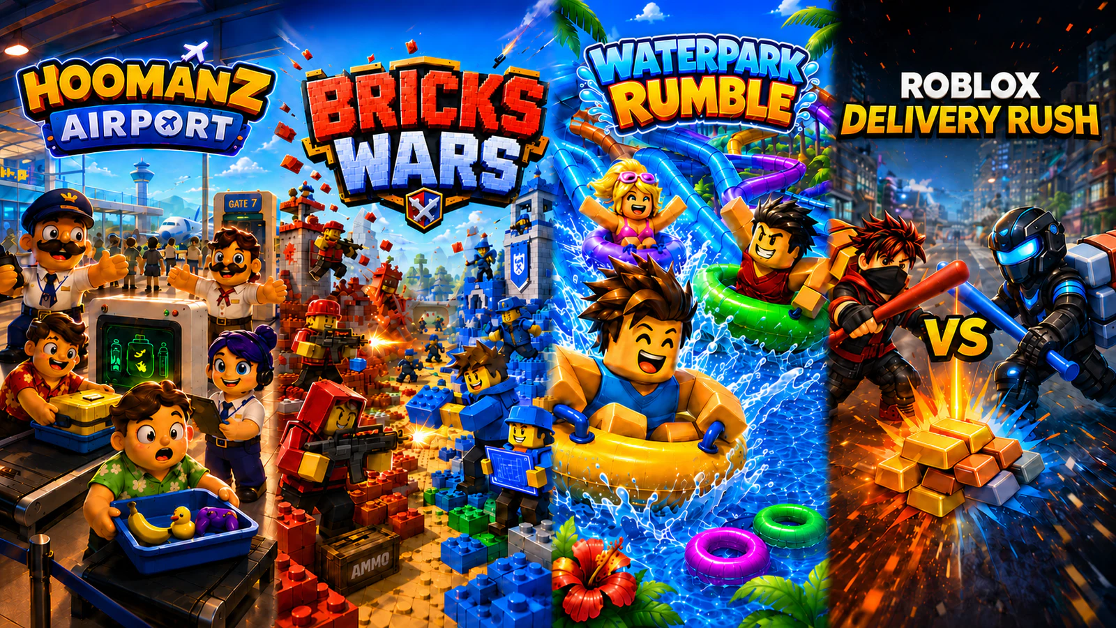 Roblox experiences including Hoomanz Airport, Bricks Wars, Waterpark Rumble and Delivery Rush