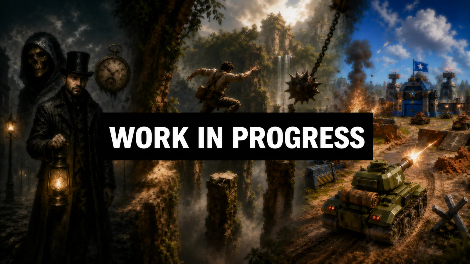 Unreal game worlds with a Work in Progress banner